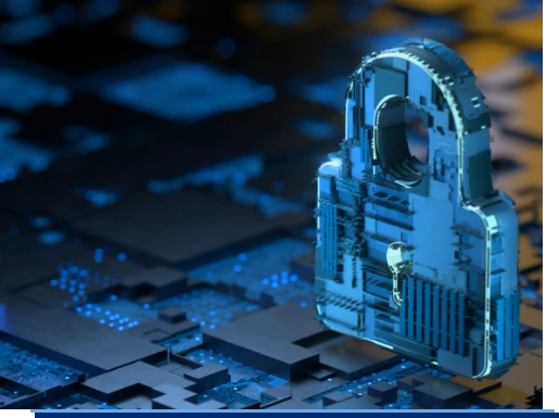 Eine 3D Illustration einer Computer Hauptplatine auf der eine geschlossenes Vorhängeschloß steht.